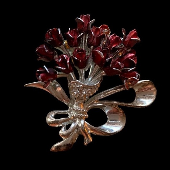 Bouquet Red Roses Silver Tone Rhinestone Crystal Pin Brooch Woman’s Jewelry - Picture 2 of 5